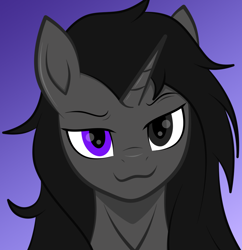 Size: 952x984 | Tagged: safe, ai content, artist:rugalack moonstar, derpibooru import, machine learning assisted, oc, oc only, oc:rugalack moonstar, pony, unicorn, :3, bust, front view, gradient background, heterochromia, horn, male, smug, solo, stallion