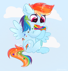 Size: 4000x4163 | Tagged: safe, artist:winstiky, derpibooru import, rainbow dash, pegasus, pony, g4, candy, cloud, cute, dashabetes, ear fluff, ears, eating, female, food, heart, heart eyes, my little pony: friendship is magic, outdoors, skittles, sky, solo, sparkles, spread wings, tail, underhoof, wingding eyes, wings