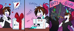 Size: 2000x857 | Tagged: safe, artist:sunny way, derpibooru import, oc, oc:steven saidon, oc:sunny way, anthro, horse, anthro horse, art, artwork, birthday, chibi, comic, comic page, comic strip, cute, digital art, female, funny, happy, happy birthday, love, male, mare, present, sewing, sewing machine, smiling, stallion