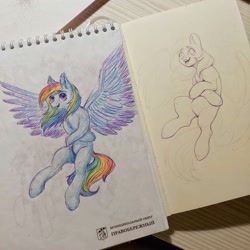 Size: 1280x1280 | Tagged: safe, artist:amishy, derpibooru import, rainbow dash, pegasus, pony, g4, crossed hooves, female, flying, irl, large wings, mare, old art, open mouth, open smile, pencil drawing, photo, redraw, remake, smiling, solo, spread wings, traditional art, wings, wip