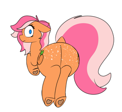 Size: 1425x1300 | Tagged: safe, artist:allhallowsboon, derpibooru import, oc, oc only, oc:peachy, earth pony, pony, blue eyes, both cutie marks, butt, butt freckles, digital art, dock, ears back, earth pony oc, female, freckles, gift art, hoof heart, large butt, looking at you, mare, multicolored hair, orange coat, pink mane, plot, shocked, shocked expression, simple background, solo, tail, underhoof, white background