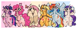 Size: 2537x956 | Tagged: safe, artist:colorfulwolfytime, derpibooru import, applejack, fluttershy, pinkie pie, rainbow dash, rarity, twilight sparkle, unicorn twilight, butterfly, earth pony, pegasus, semi-anthro, unicorn, g4, belly, belly button, bipedal, blushing, eye clipping through hair, female, fluffy, hand mirror, hiding behind wing, hoof hold, horn, impossibly large thighs, mane six, mare, rope, thighs, thunder thighs, unshorn fetlocks, wings