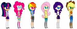 Size: 2578x983 | Tagged: safe, artist:annasabi101, derpibooru import, applejack, fluttershy, pinkie pie, rainbow dash, rarity, twilight sparkle, human, eye clipping through hair, eyebrows, eyebrows visible through hair, humanized, mane six, simple background, white background