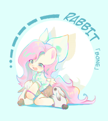 Size: 1600x1800 | Tagged: safe, artist:不可食用骨, derpibooru import, fluttershy, pegasus, pony, rabbit, semi-anthro, :d, animal, blushing, bow, circle background, clothes, female, full body, hair bow, mare, open mouth, open smile, shirt, short sleeves, shorts, smiling, text, two toned background, white bow