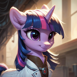 Size: 1024x1024 | Tagged: safe, ai content, derpibooru import, generator:pony diffusion v6 xl, generator:stable diffusion, machine learning generated, twilight sparkle, unicorn twilight, pony, unicorn, fallout equestria, g4, clothes, ear fluff, ears, horn, indoors, laboratory, ministry mares, ministry of arcane sciences, prompter:teonanakatle, solo