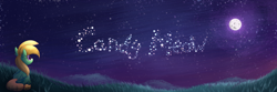 Size: 1590x530 | Tagged: safe, artist:candy meow, derpibooru import, oc, oc only, oc:candy meow, pegasus, pony, ear fluff, ears, female, field, grass, looking up, mare, moon, night, night sky, pegasus oc, sitting, sky, solo, stars, text