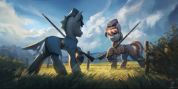 Size: 2170x1094 | Tagged: safe, artist:mrscroup, derpibooru import, changeling, earth pony, pony, equestria at war mod, barbed wire, clothes, confederate, fence, gun, military uniform, outdoors, rifle, uniform, weapon