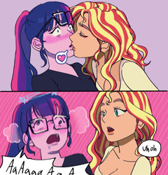 Size: 1920x2000 | Tagged: safe, artist:ridovax, derpibooru import, sci-twi, sunset shimmer, twilight sparkle, human, equestria girls, g4, 2 panel comic, blushing, blushing profusely, comic, dizzy, duo, duo female, female, flustered, glasses, glasses on head, kiss on the lips, kissing, lesbian, sci-twishimmer, shipping, sunsetsparkle