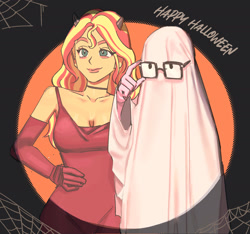 Size: 1850x1735 | Tagged: safe, artist:ridovax, derpibooru import, sci-twi, sunset shimmer, twilight sparkle, human, equestria girls, g4, bedsheet ghost, clothes, costume, devil costume, devil horns, dress, duo, duo female, evening gloves, female, ghost costume, gloves, halloween, halloween costume, happy halloween, horns, lesbian, long gloves, sci-twishimmer, shipping, smiling, sunsetsparkle