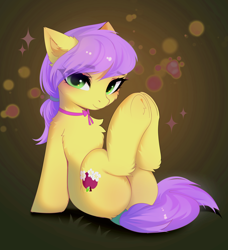 Size: 3126x3426 | Tagged: safe, artist:empress-twilight, derpibooru import, oc, oc only, oc:plum blossoms, earth pony, pony, blushing, butt, cheek fluff, chest fluff, commission, ear fluff, ears, earth pony oc, eye clipping through hair, eyebrows, eyebrows visible through hair, female, hooves together, leg fluff, legs in air, looking at you, mare, plot, smiling, smiling at you, solo, sparkles, tail, underhoof, ych result