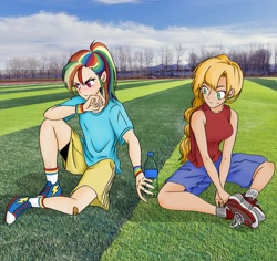 Size: 2037x1920 | Tagged: safe, artist:jiuqiqi76463, derpibooru import, applejack, rainbow dash, human, appledash, converse, female, humanized, lesbian, outdoors, shipping, shoes