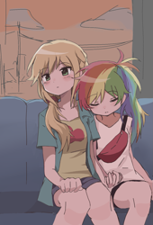 Size: 1105x1627 | Tagged: safe, artist:hey1930395, derpibooru import, applejack, rainbow dash, human, appledash, cute, dashabetes, duo, duo female, female, humanized, indoors, jackabetes, lesbian, shipping