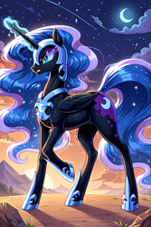 Size: 768x1152 | Tagged: source needed, safe, ai content, derpibooru import, machine learning generated, nightmare moon, alicorn, pony, g4, angry, armor, cloud, female, magic, mare, moon, mountain, prompter needed, prompter:the emissary, sun