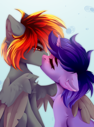 Size: 2500x3400 | Tagged: safe, artist:milkusy, derpibooru import, oc, oc:grapie, oc:rony_ram, pegasus, pony, unicorn, duo, duo male and female, eyes closed, female, female oc, golden eyes, horn, hug, kissing, male, male oc, winghug, wings