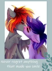 Size: 2500x3400 | Tagged: safe, artist:milkusy, derpibooru import, oc, oc:grapie, oc:rony_ram, pegasus, pony, unicorn, duo, duo male and female, eyes closed, female, female oc, golden eyes, horn, hug, kissing, male, male oc, oc x oc, shipping, straight, text, winghug, wings