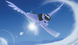 Size: 7300x4300 | Tagged: safe, derpibooru import, oc, oc only, oc:violett spectrum, pegasus, pony, flying, lens flare, male, outdoors, sky, solo, sun, wings, winter