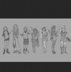 Size: 1440x1463 | Tagged: safe, artist:gabieborchio, derpibooru import, applejack, fluttershy, pinkie pie, rainbow dash, rarity, sunset shimmer, twilight sparkle, human, g4, alternate mane seven, female, gray background, grayscale, hat off, height difference, humanized, mane six, monochrome, simple background, sketch, standing, standing on one leg, tallershy