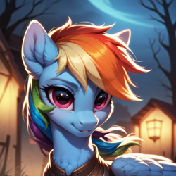 Size: 1024x1024 | Tagged: safe, ai content, derpibooru import, generator:pony diffusion v6 xl, generator:stable diffusion, machine learning generated, rainbow dash, pegasus, pony, clothes, outdoors, prompter:teonanakatle, solo