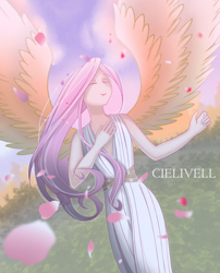 Size: 2186x2700 | Tagged: safe, artist:cielivell, derpibooru import, fluttershy, human, pegasus, g4, #solo, humanized, outdoors, petals, spring