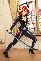 Size: 832x1216 | Tagged: safe, ai content, derpibooru import, generator:novelai, generator:stable diffusion, machine learning generated, sunset shimmer, human, equestria girls, g4, boots, breasts, catsuit, cleavage, clothes, duo swords, duo weapons, female, fighting stance, fit, high heel boots, high heels, indoors, katana, kenjutsu, latex, martial arts, prompter:shojin, shoes, skintight clothes, slender, solo, sword, thin, weapon