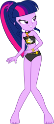 Size: 1960x4457 | Tagged: safe, alternate version, artist:dustinwatsongkx, derpibooru import, sci-twi, twilight sparkle, human, better together, equestria girls, g4, accessory swap, bare shoulders, barefoot, bikini, bikini bottom, clothes, clothes swap, feet, female, geode of empathy, magical geodes, missing accessory, no glasses, simple background, sleeveless, solo, sunset shimmer swimsuit, sunset shimmer's beach shorts swimsuit, swimsuit, swimsuit swap, transparent background, vector