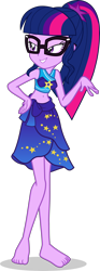 Size: 1584x4245 | Tagged: safe, alternate version, artist:dustinwatsongkx, derpibooru import, sci-twi, twilight sparkle, human, equestria girls, g4, bare shoulders, barefoot, belly, belly button, clothes, clothes swap, feet, female, flirting, sarong, simple background, sleeveless, solo, sports bra, swimsuit, swimsuit swap, transparent background, trixie's beach shorts swimsuit