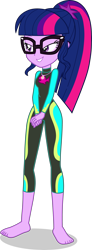 Size: 1525x4164 | Tagged: safe, alternate version, artist:dustinwatsongkx, derpibooru import, sci-twi, twilight sparkle, human, better together, equestria girls, g4, accessory swap, barefoot, clothes, clothes swap, feet, female, fluttershy's wetsuit, geode of fauna, glasses, magical geodes, simple background, solo, swimsuit, swimsuit swap, transparent background, vector, wetsuit