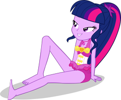 Size: 2636x2171 | Tagged: safe, alternate version, artist:dustinwatsongkx, derpibooru import, sci-twi, twilight sparkle, human, equestria girls, g4, accessory swap, bare shoulders, barefoot, clothes, clothes swap, feet, female, geode of sugar bombs, high res, magical geodes, missing accessory, no glasses, one-piece swimsuit, pinkie pie swimsuit, pinkie pie's beach shorts swimsuit, simple background, sleeveless, solo, swimsuit, swimsuit swap, transparent background