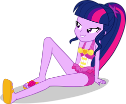 Size: 2636x2172 | Tagged: safe, alternate version, artist:dustinwatsongkx, derpibooru import, sci-twi, twilight sparkle, human, equestria girls, g4, accessory swap, bare shoulders, clothes, clothes swap, feet, female, high res, missing accessory, no glasses, one-piece swimsuit, pinkie pie swimsuit, pinkie pie's beach shorts swimsuit, simple background, sleeveless, solo, swimsuit, swimsuit swap, transparent background