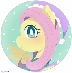 Size: 2028x2048 | Tagged: safe, artist:eltrash_art6, derpibooru import, fluttershy, pegasus, pony, g4, blushing, christmas, clothes, cute, female, hat, holiday, icon, looking at you, looking sideways, mare, profile, scarf, shyabetes, side view, smiling, smiling at you, solo, winter outfit