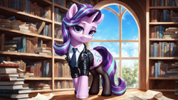 Size: 2272x1280 | Tagged: safe, ai content, derpibooru import, machine learning generated, starlight glimmer, unicorn, g4, book, bookshelf, clothes, formal wear, horn, indoors, jacket, library, necktie, paper, prompter:ilham470, shirt, solo, stockings, suit, thigh highs, window