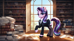 Size: 2272x1280 | Tagged: safe, ai content, derpibooru import, machine learning generated, starlight glimmer, unicorn, g4, book, bookshelf, clothes, formal wear, horn, indoors, necktie, paper, prompter:ilham470, solo, suit, window