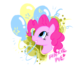 Size: 638x604 | Tagged: safe, artist:silver1kunai, derpibooru import, pinkie pie, earth pony, pony, abstract background, balloon, bust, colored, drawthread, female, grin, mare, portrait, requested art, smiling, solo, streamers