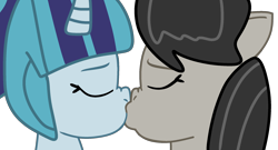 Size: 2403x1300 | Tagged: safe, artist:jadeharmony, derpibooru import, octavia melody, sonata dusk, earth pony, pony, unicorn, base used, cute, daaaaaaaaaaaw, duo, eyes closed, female, horn, kiss on the lips, kissing, lesbian, mare, shipping, sonatabetes, sontavia, unicorn sonata dusk