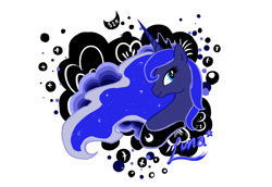 Size: 1000x686 | Tagged: safe, artist:silver1kunai, derpibooru import, princess luna, alicorn, pony, g4, abstract background, bust, drawthread, female, looking at you, mare, peytral, portrait, requested art, smiling, solo