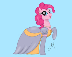 Size: 1280x1024 | Tagged: safe, artist:yinmai, derpibooru import, pinkie pie, earth pony, pony, blue background, cinderella, clothes, cute, diapinkes, dress, ear piercing, earring, evening gloves, female, gloves, gown, jetlag productions, jewelry, long gloves, mare, necklace, open mouth, open smile, pearl necklace, piercing, poofy shoulders, raised hoof, raised leg, simple background, smiling, solo