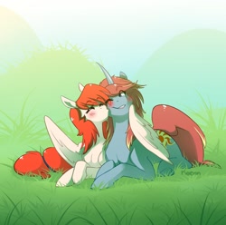 Size: 2000x1986 | Tagged: safe, artist:kaenn, derpibooru import, oc, oc only, pegasus, pony, unicorn, blushing, commission, curved horn, duo, eye clipping through hair, eyes closed, horn, hug, kiss on the cheek, kissing, lying down, oc x oc, one eye closed, outdoors, pegasus oc, prone, shipping, smiling, unicorn oc, winghug, wings