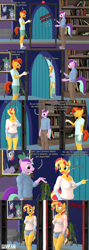 Size: 1920x5397 | Tagged: safe, artist:gradiusfanatic, derpibooru import, sunburst, sunset shimmer, oc, oc:andy glimmer, anthro, unicorn, g4, 3d, comic, female, horn, indoors, male, metal detector, source filmmaker, spanish text, unicorn oc