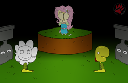 Size: 6000x3900 | Tagged: safe, artist:darkprinceismyname, derpibooru import, fluttershy, pinkie pie, human, equestria girls, g4, creepypasta, crossover, crying, dark background, drawn eyes, flower, flower in hair, grass, gravestone, halloween 2020, paul petscop, petals, petscop, sadness