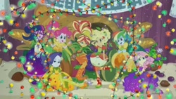 Size: 1333x750 | Tagged: safe, derpibooru import, edit, edited screencap, screencap, applejack, fluttershy, pinkie pie, rainbow dash, rarity, sci-twi, sunset shimmer, twilight sparkle, human, equestria girls, g4, holidays unwrapped, christmas, christmas lights, cornucopia, cornucopia costumes, equestria girls specials, hat, holiday, humane five, humane seven, humane six, indoors, link in description, link in source, o come all ye squashful, snow, snowfall, snowflake