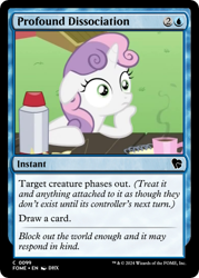 Size: 375x523 | Tagged: safe, derpibooru import, edit, sweetie belle, g4, ponyville confidential, ccg, coffee, magic the gathering, my little pony: friendship is magic, notepad, thermos, trading card, trading card edit, trading card game