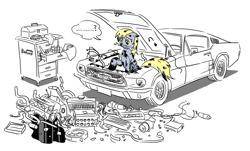 Size: 1000x604 | Tagged: safe, alternate version, artist:king-kakapo, derpibooru import, derpy hooves, pegasus, pony, g4, car, drawthread, female, ford, ford mustang, home improvement, i just don't know what went wrong, mare, mechanic, mustang, partial color, requested art, simple background, white background