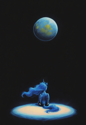 Size: 832x1216 | Tagged: safe, ai content, derpibooru import, generator:pony diffusion v6 xl, generator:stable diffusion, machine learning generated, princess luna, alicorn, pony, from behind, looking at something, looking away, no face, planet, prompter:craft, solo, space