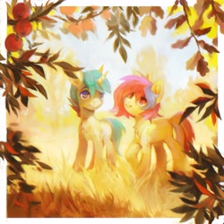 Size: 2048x2048 | Tagged: safe, artist:dearmary, derpibooru import, oc, oc only, oc:cuihua, oc:remainatto, earth pony, unicorn, autumn, cute, duo, female, horn, male, mare, outdoors, stallion