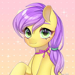 Size: 2000x2000 | Tagged: safe, artist:frostmoon, derpibooru import, oc, oc only, oc:plum blossoms, earth pony, pony, bow, bowtie, commission, earth pony oc, female, gradient background, green eyes, hair bow, high res, looking at you, mare, purple mane, smiling, smiling at you, solo, yellow coat