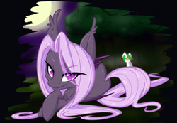 Size: 1125x779 | Tagged: safe, artist:pixxpal, derpibooru import, oc, oc only, oc:lilac night, bat pony, pony, unicorn, bat pony oc, bedroom eyes, butt, duo, female, horn, looking at you, lying down, male, mare, outdoors, solo focus, stallion