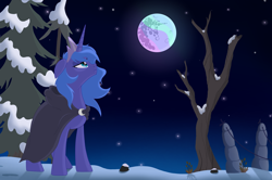 Size: 3760x2500 | Tagged: safe, artist:gaiusmaximiliano, derpibooru import, princess luna, alicorn, pony, alternate universe, cloak, clothes, crown, jewelry, mare in the moon, moon, night, outdoors, regalia, s1 luna, sad, show accurate, snow, solo, stars