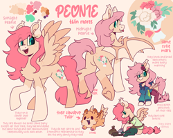 Size: 2500x2000 | Tagged: safe, artist:lionbun, derpibooru import, oc, oc:peonie, bat pony, dog, pegasus, bat pony oc, butt, character design, dock, female, mare, pegasus oc, pet, plot, reference sheet, siblings, sisters, tail, twins