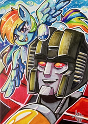 Size: 1428x2000 | Tagged: safe, artist:erieillustrates, derpibooru import, rainbow dash, pegasus, pony, robot, crossover, cybertronian, duo, duo male and female, female, male, open mouth, outdoors, smiling, spread wings, starscream, transformers, wings