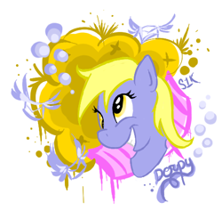 Size: 473x449 | Tagged: safe, artist:silver1kunai, derpibooru import, derpy hooves, pegasus, pony, g4, abstract background, bust, drawthread, female, grin, mare, portrait, requested art, smiling, solo